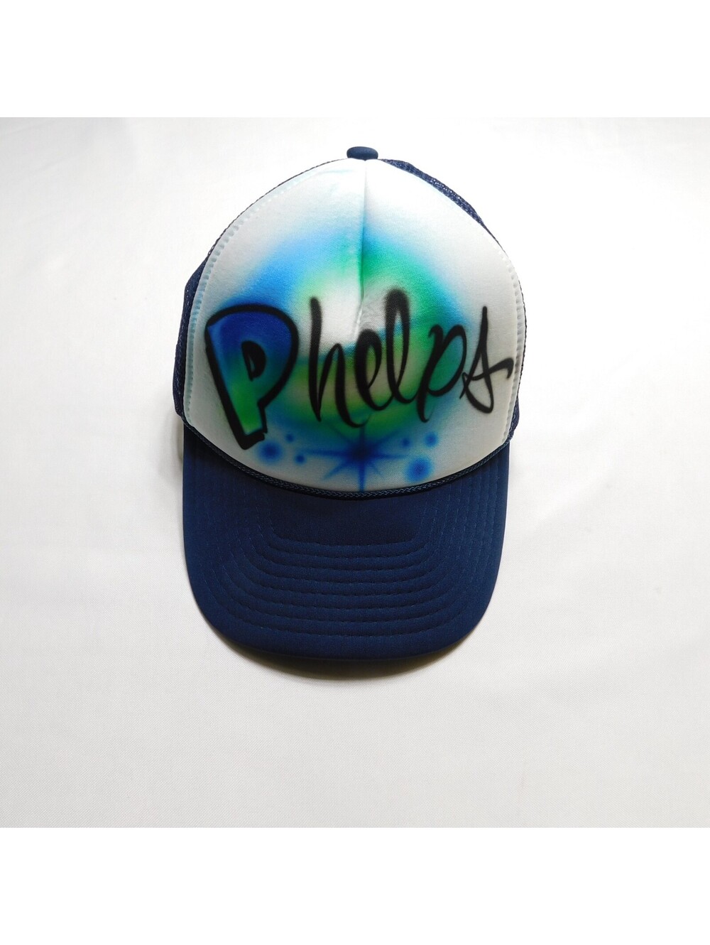 Vintage 90s Nissin Cap Navy Blue Mesh Trucker Hat Airbrush Phelps Snapback